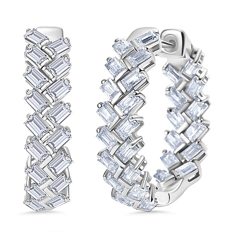 D'Joy Moissanite Cluster Earring with Hoop in Rhodium Overlay Sterling Silver 4.35 Ct, Silver Wt. 9.57 Gms.