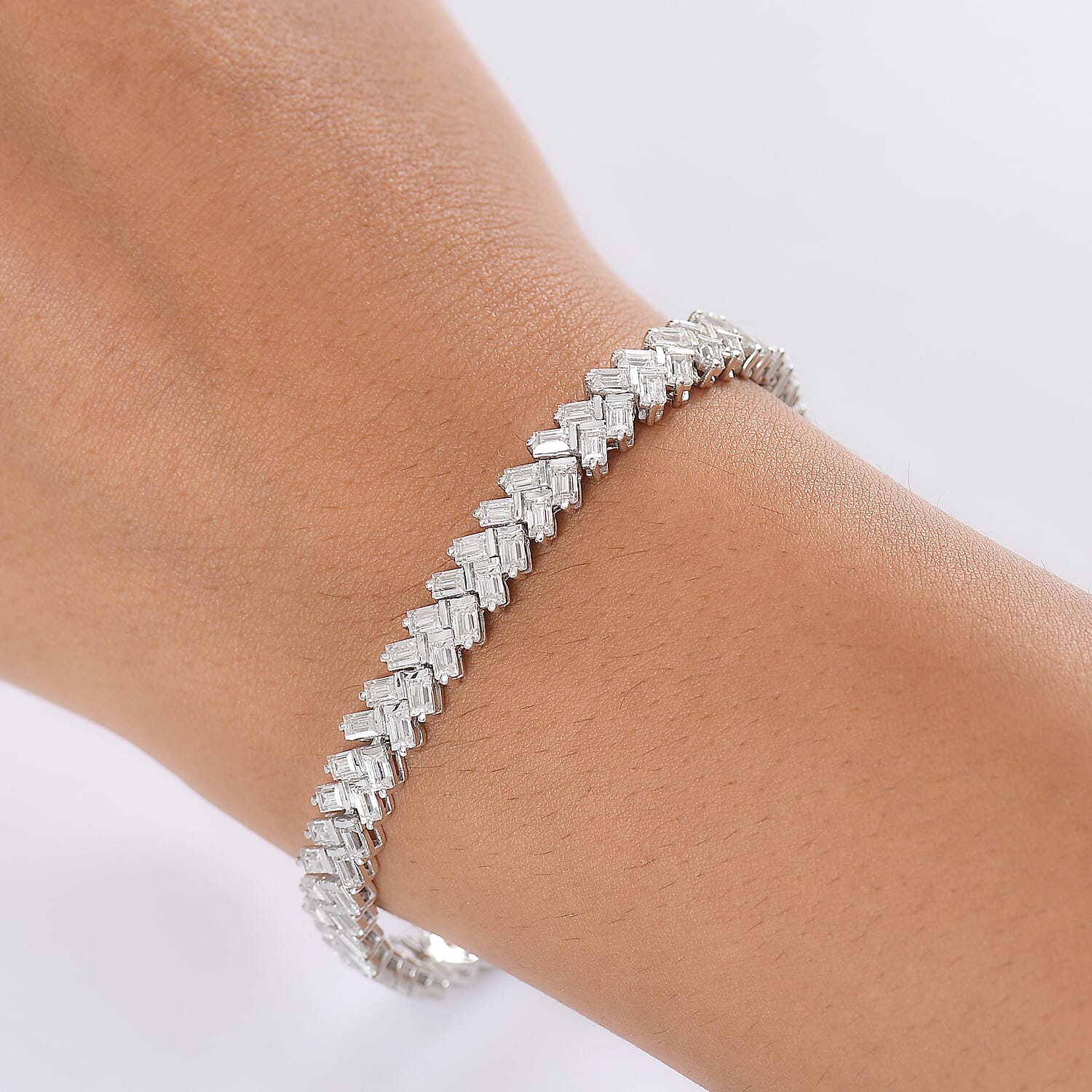 D'Joy Moissanite Bracelet (Size 7.5) with GB Lock Box in Rhodium Overlay Sterling Silver 9.30 Ct, Silver Wt. 13.34 Gms.