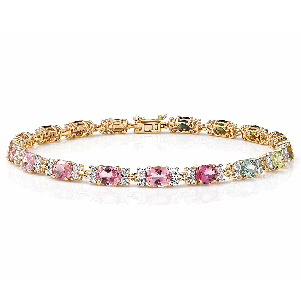 9K Yellow Gold Multi-Tourmaline & Moissanite Cluster Bracelet (Size - 7.5) with GB Lock Box 6.58 Ct, Gold Wt. 4.47 Gms