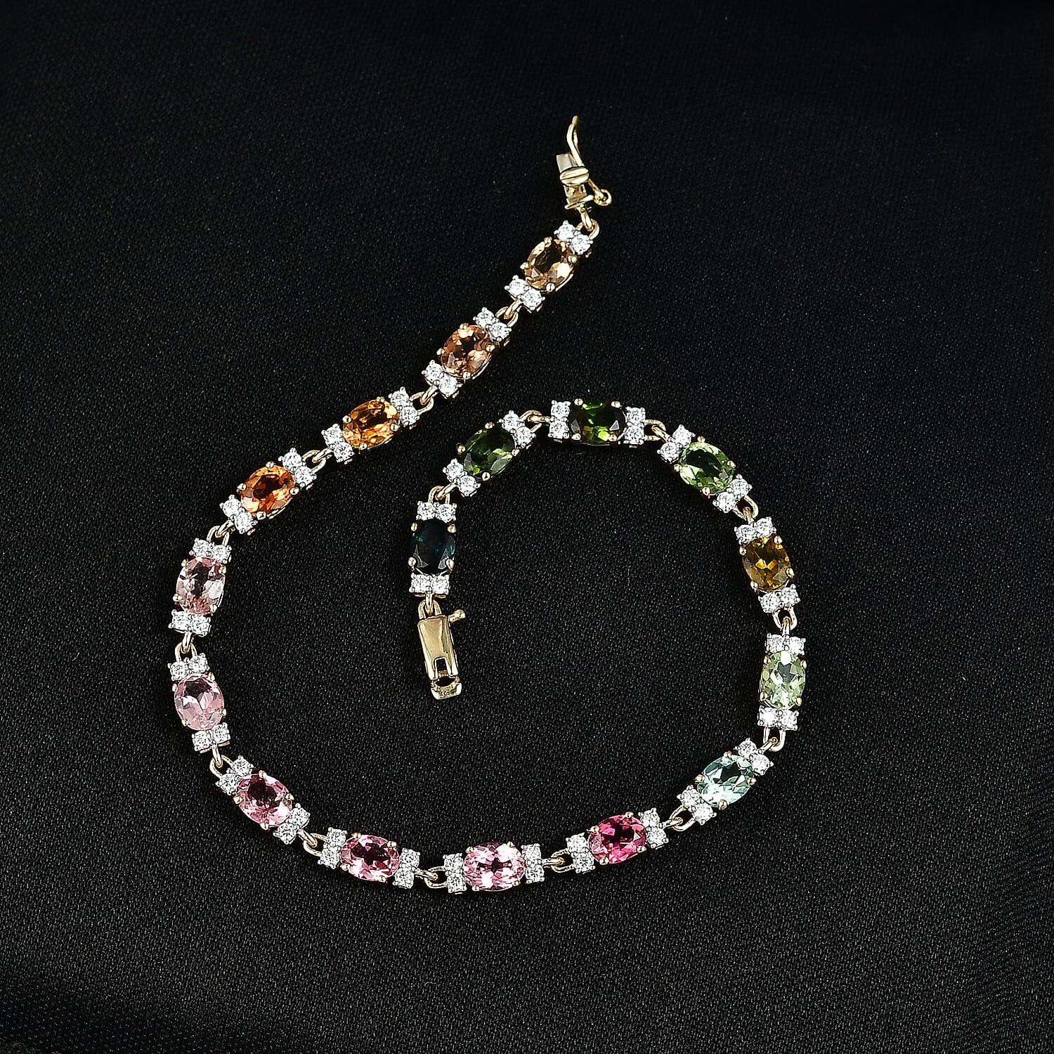 9K Yellow Gold Multi-Tourmaline & Moissanite Cluster Bracelet (Size - 7.5) with GB Lock Box 6.58 Ct, Gold Wt. 4.47 Gms