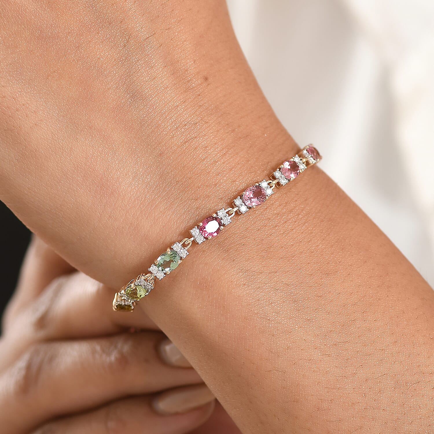 9K Yellow Gold Multi-Tourmaline & Moissanite Cluster Bracelet (Size - 7.5) with GB Lock Box 6.58 Ct, Gold Wt. 4.47 Gms