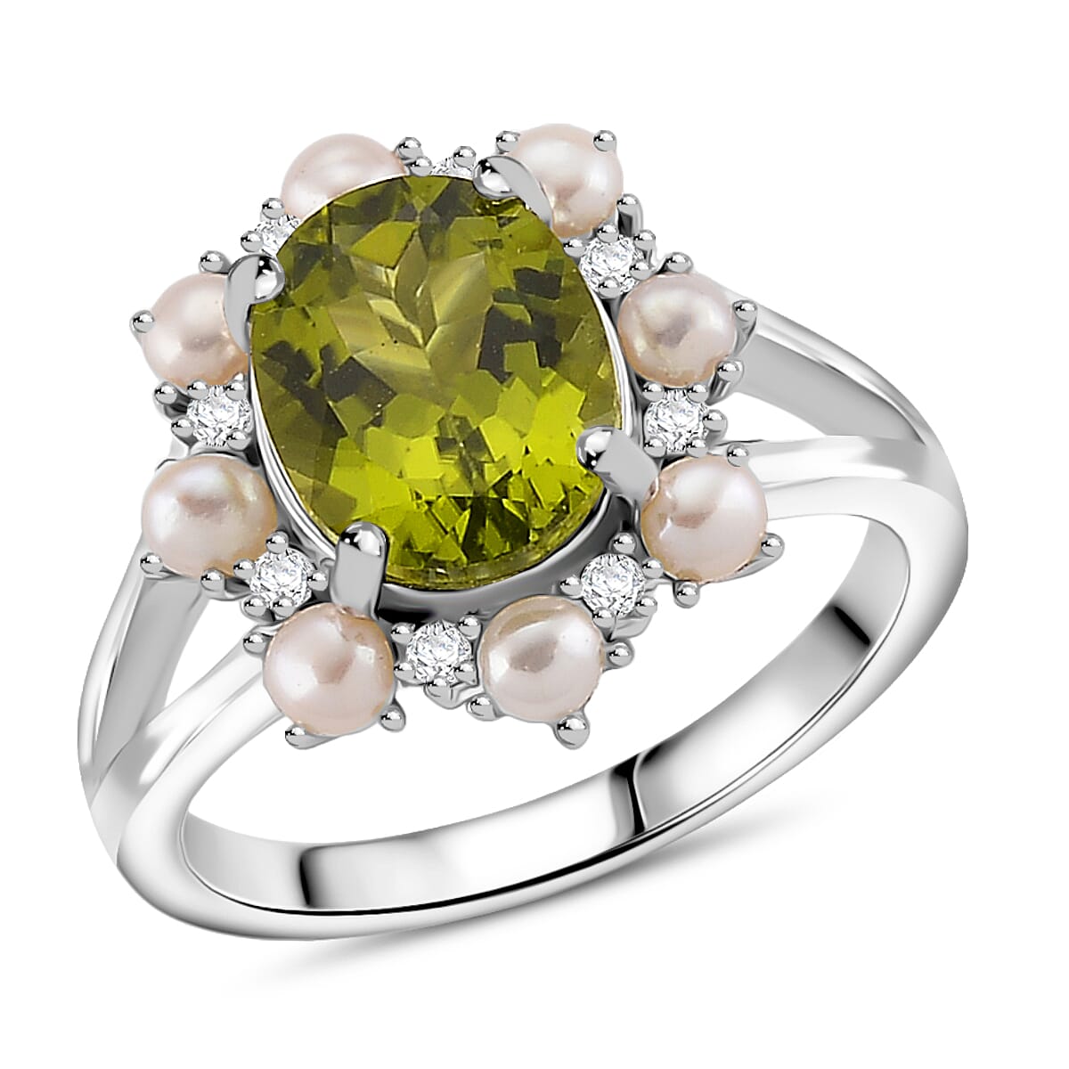 D'Joy Peridot, White Pearl & Moissanite Ring in Rhodium Overlay Sterling Silver 3.90 Ct.