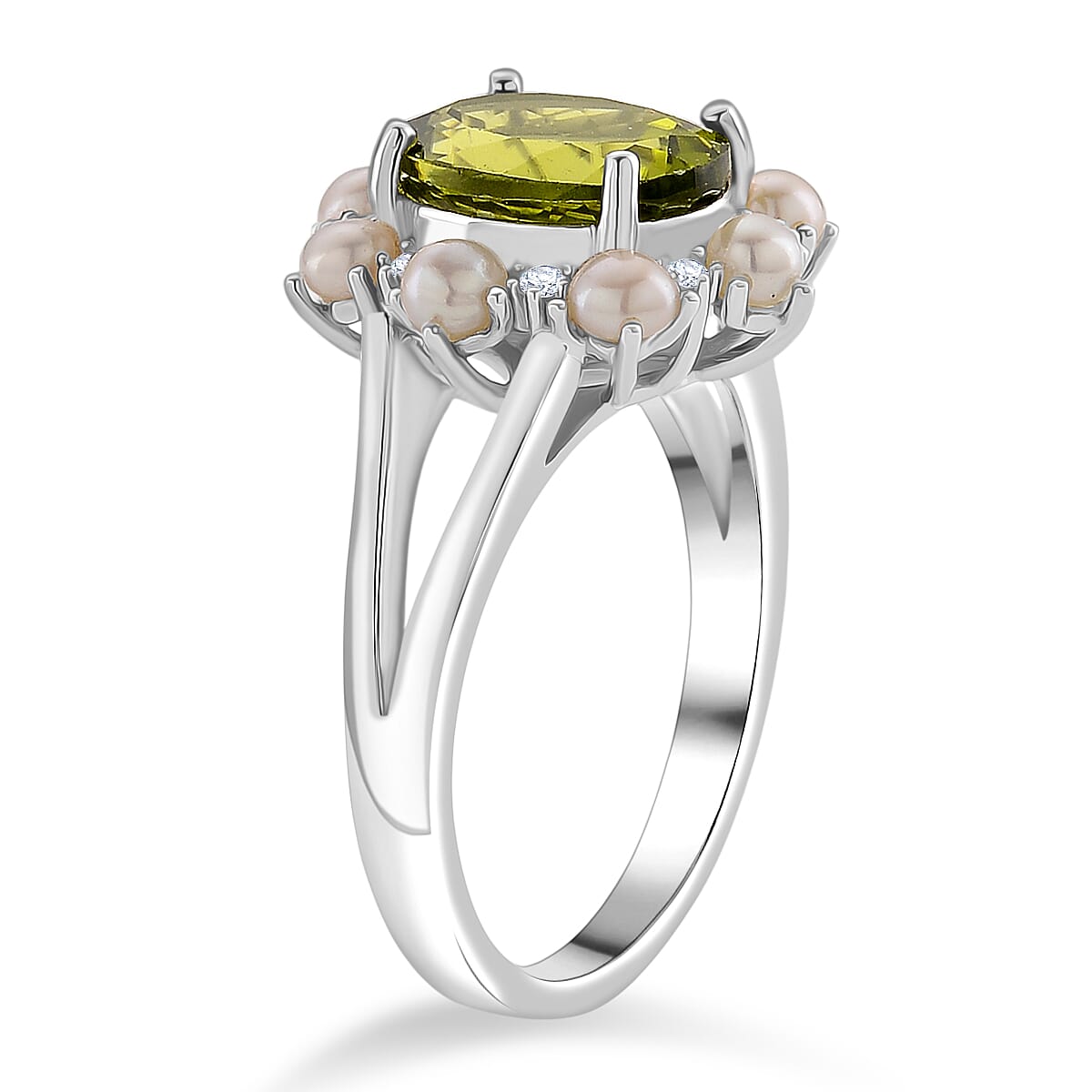 D'Joy Peridot, White Pearl & Moissanite Ring in Rhodium Overlay Sterling Silver 3.90 Ct.