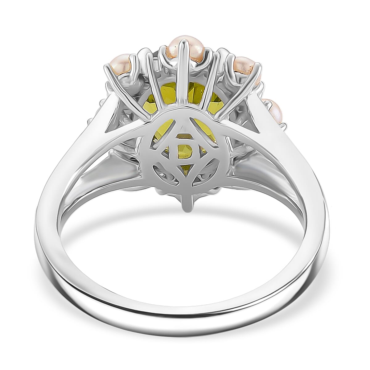 D'Joy Peridot, White Pearl & Moissanite Ring in Rhodium Overlay Sterling Silver 3.90 Ct.