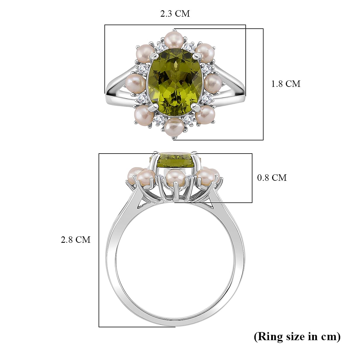 D'Joy Peridot, White Pearl & Moissanite Ring in Rhodium Overlay Sterling Silver 3.90 Ct.