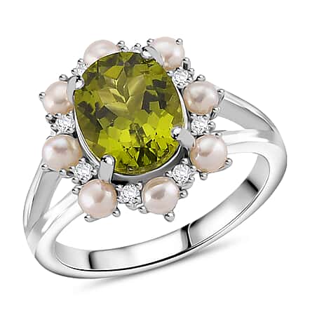 D'Joy Peridot, White Pearl & Moissanite Ring in Rhodium Overlay Sterling Silver 3.90 Ct.