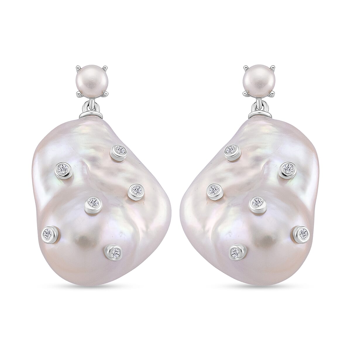 D'Joy Baroque Pearl and Lab Grown Diamond Earring with Push Back in Rhodium Overlay Sterling Silver