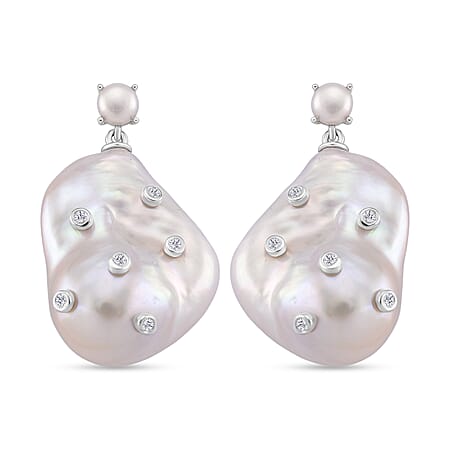D'Joy Baroque Pearl and Lab Grown Diamond Earring with Push Back in Rhodium Overlay Sterling Silver