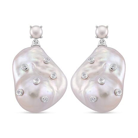 D'Joy Baroque Pearl and Lab Grown Diamond Earring with Push Back in Rhodium Overlay Sterling Silver