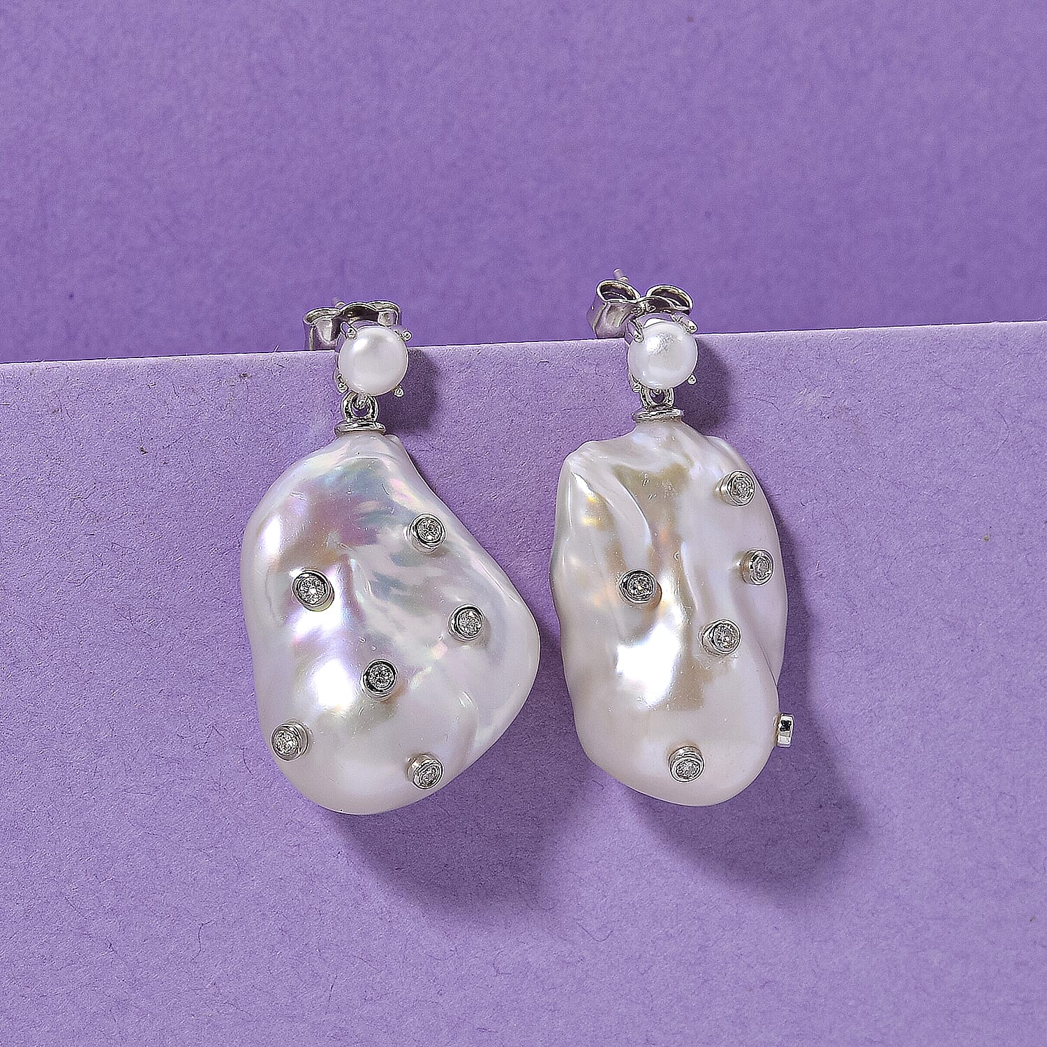 D'Joy Baroque Pearl and Lab Grown Diamond Earring with Push Back in Rhodium Overlay Sterling Silver
