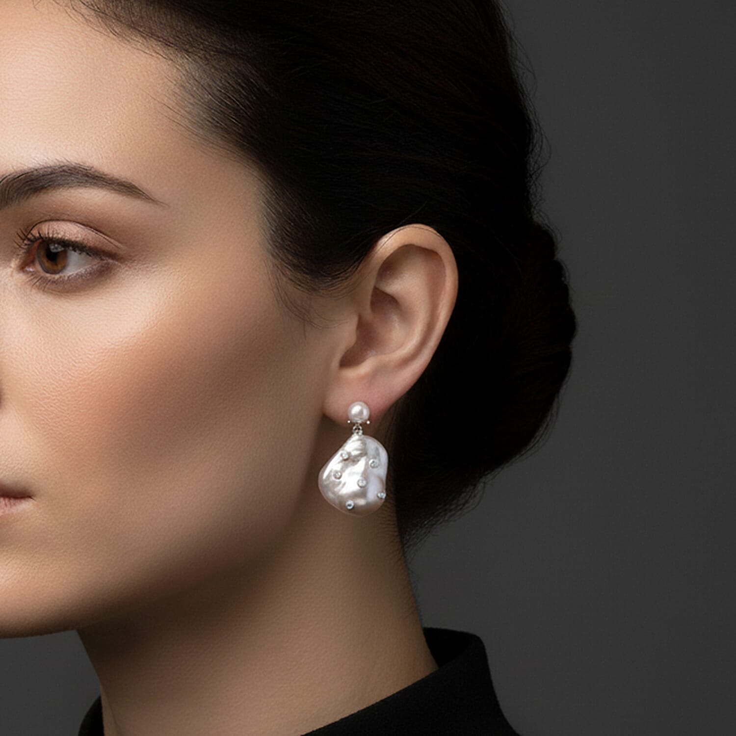 D'Joy Baroque Pearl and Lab Grown Diamond Earring with Push Back in Rhodium Overlay Sterling Silver