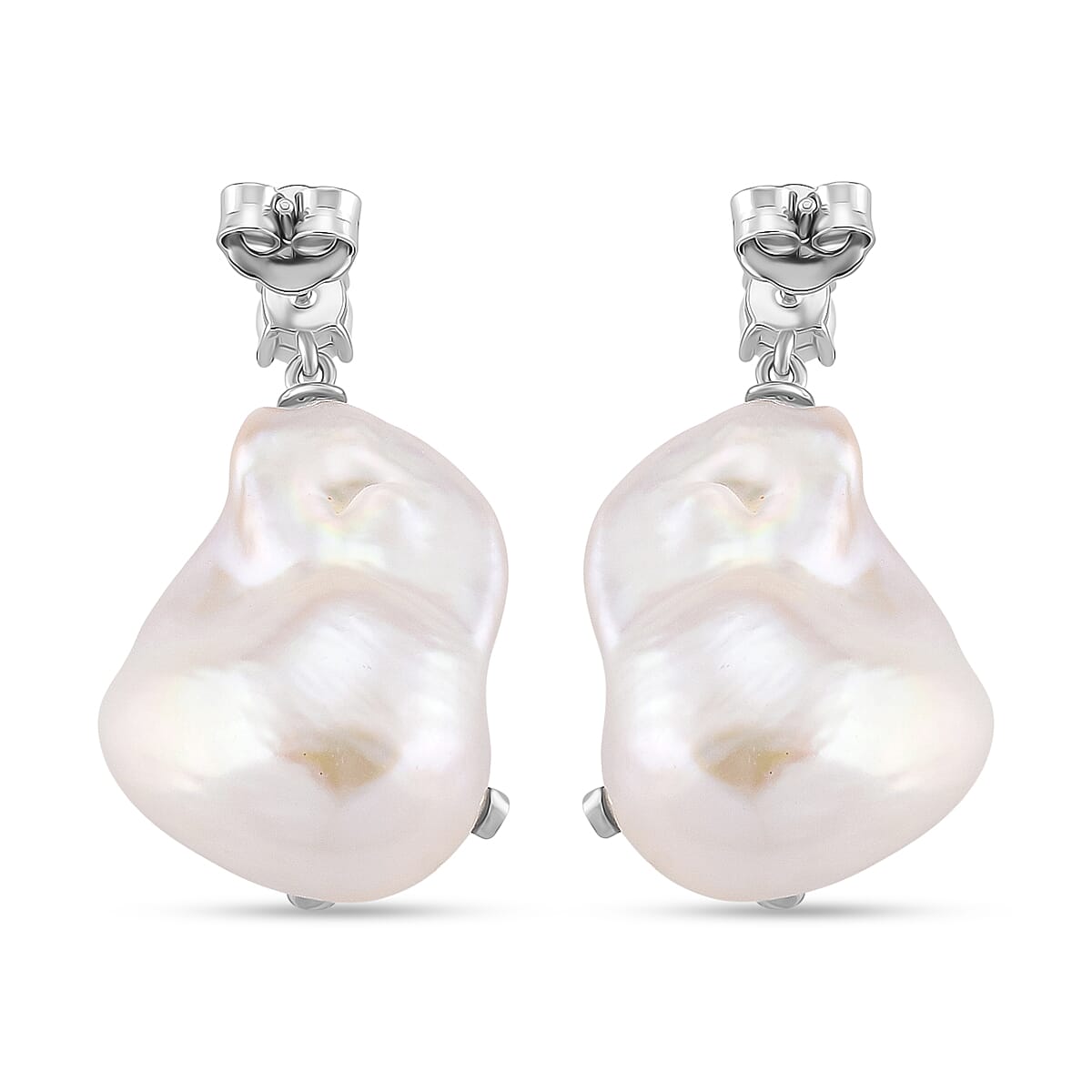 D'Joy Baroque Pearl and Lab Grown Diamond Earring with Push Back in Rhodium Overlay Sterling Silver