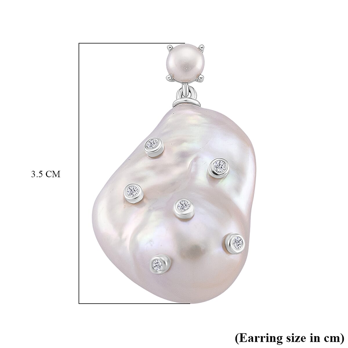 D'Joy Baroque Pearl and Lab Grown Diamond Earring with Push Back in Rhodium Overlay Sterling Silver