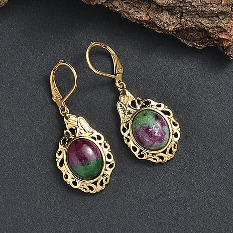 EverTrue Natural Ruby Zoisite Solitaire Lever Back Earring in 18K Yellow Gold Plated 14.34 Ct.