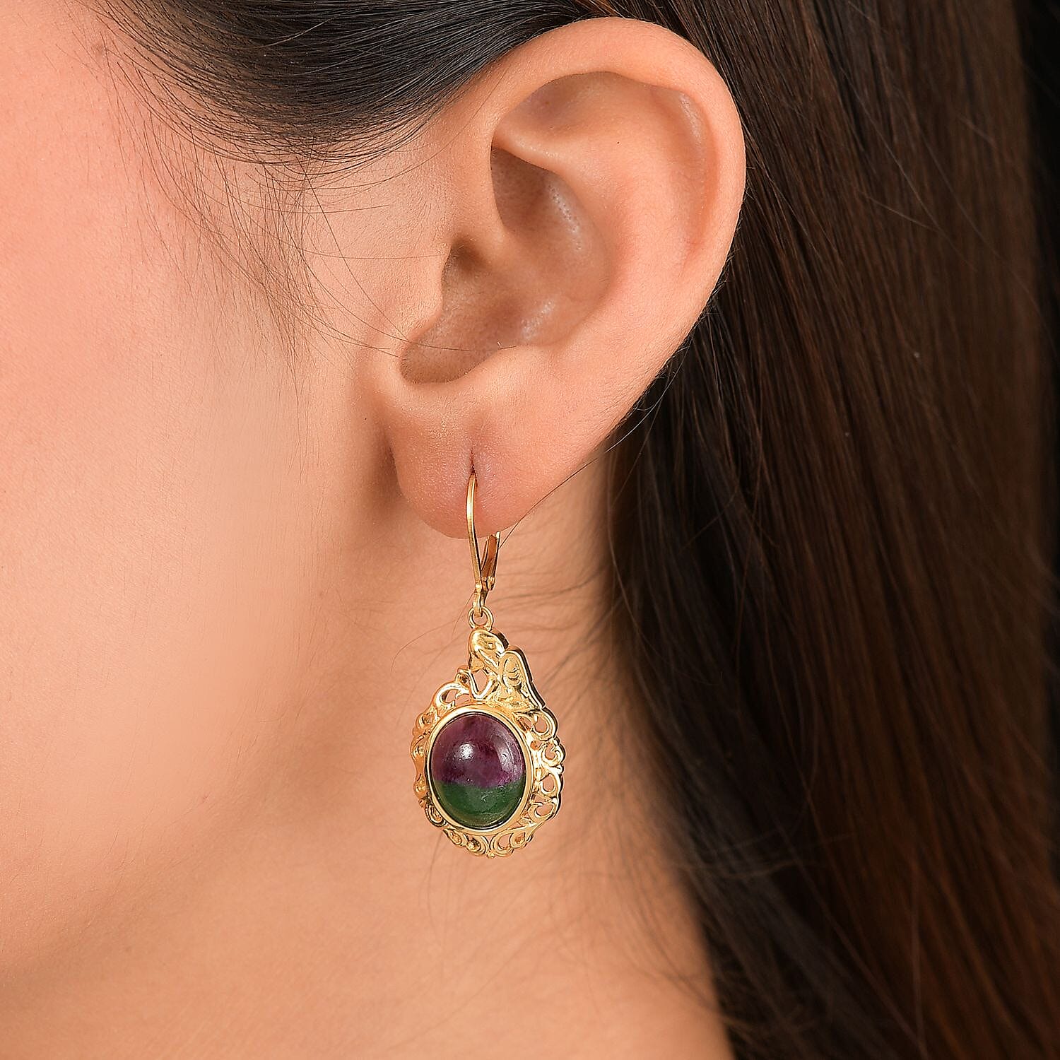 EverTrue Natural Ruby Zoisite Solitaire Lever Back Earring in 18K Yellow Gold Plated 14.34 Ct.