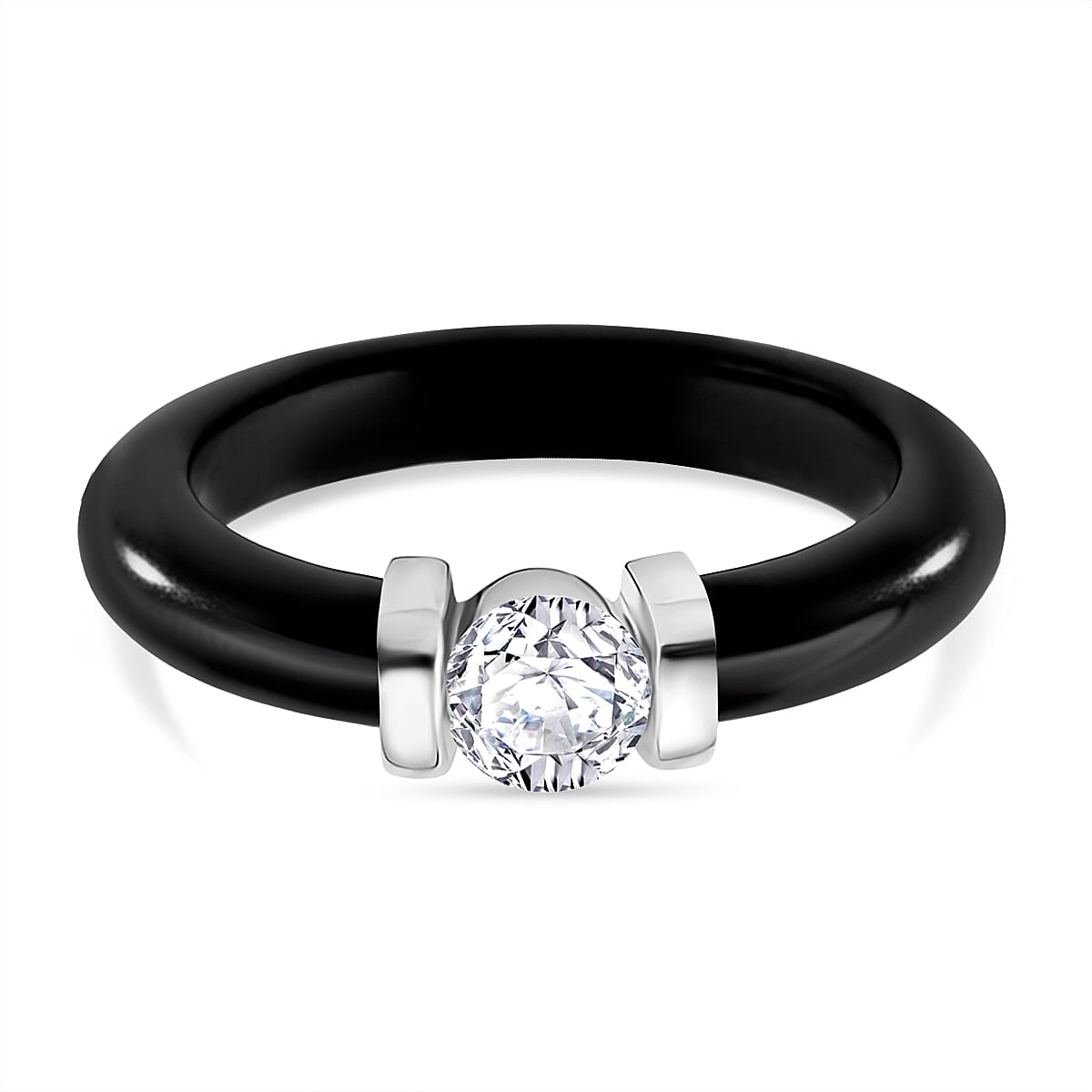 D'Joy Lab Grown Diamond Solitaire Boots Black Jade Ring in Rhodium Overlay Sterling Silver 13.90 Ct.