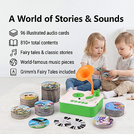 Childrens Early Education Phonograph - Interactive Audio Storyteller with 96 Cards, Bluetooth, Recording Function - 810- Educational Stories - Green White - Orange