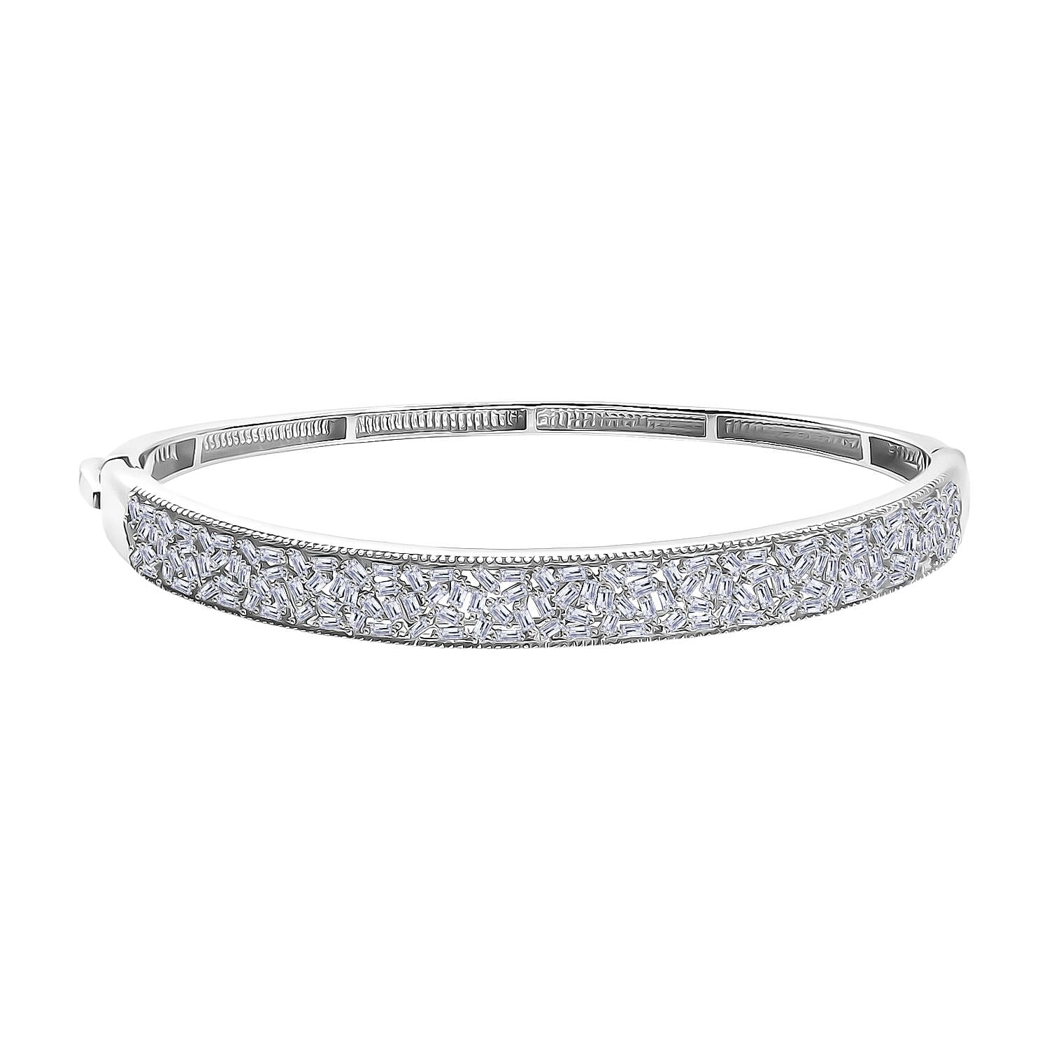 Luxuriant Lab Grown Diamond (SI-GH) Fire Cracker Bangle (Size 7.5) in Rhodium Overlay Sterling Silver 1.82 Ct, Silver Wt. 15.84 Gms.