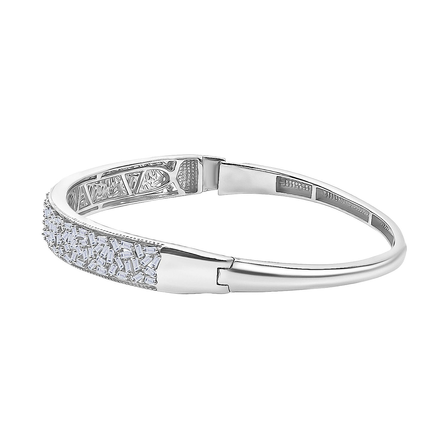 Luxuriant Lab Grown Diamond (SI-GH) Fire Cracker Bangle (Size 7.5) in Rhodium Overlay Sterling Silver 1.82 Ct, Silver Wt. 15.84 Gms.