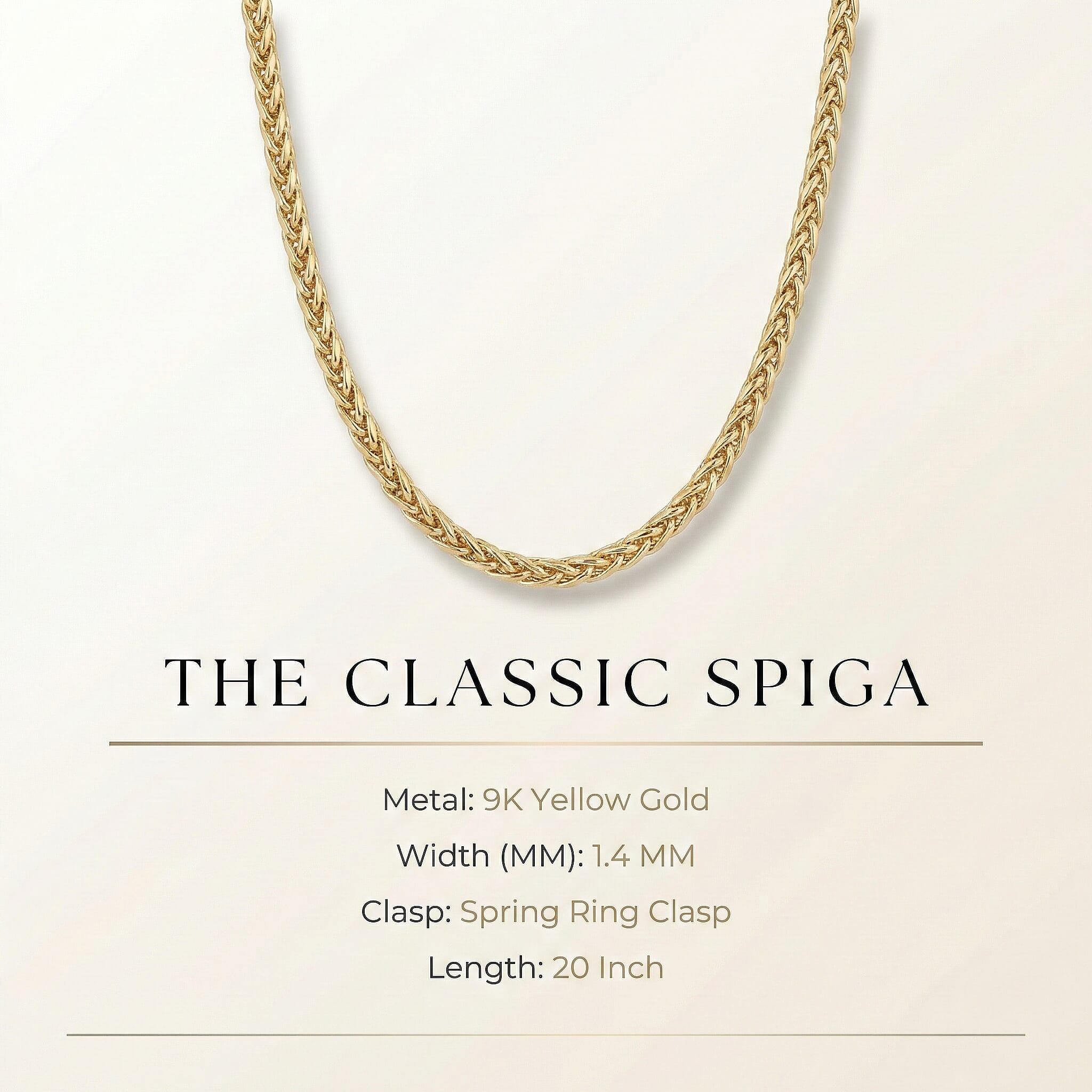 9K Yellow Gold Spiga Necklace (Size 20) with Spring Ring Clasp