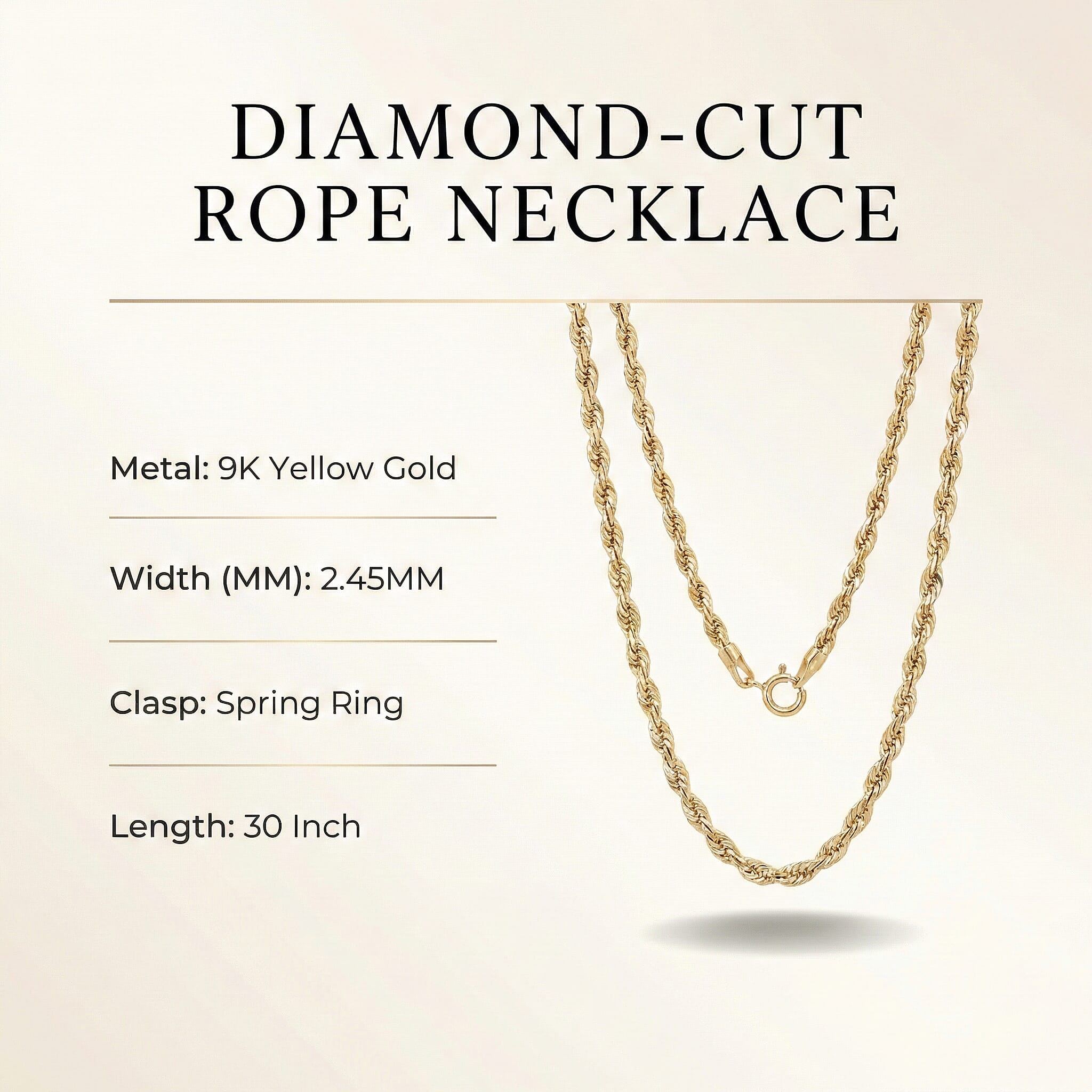 9K Yellow Gold Diamond Cut Rope Necklace (Size 30) - 4.52 GRAMS