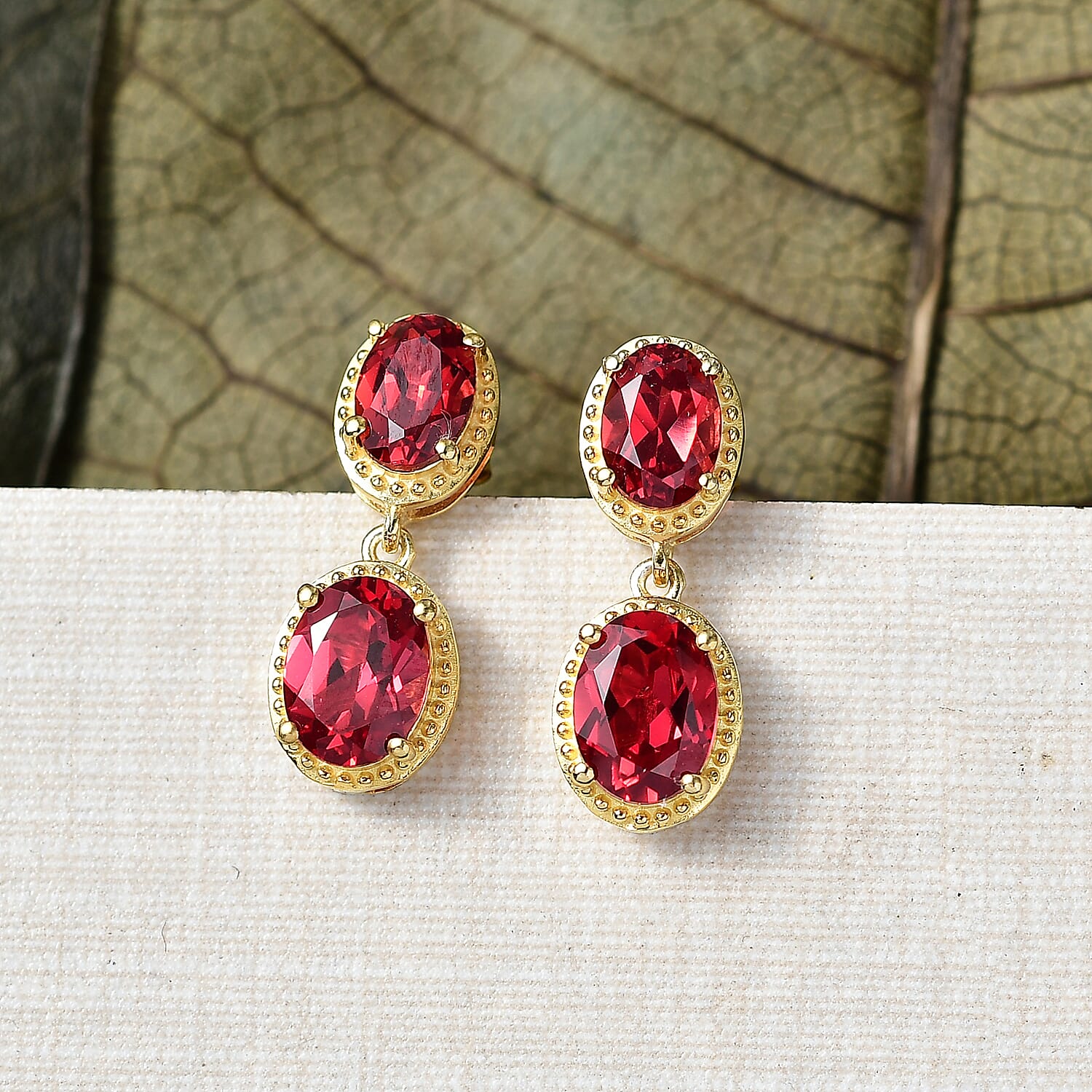 D'Joy Lab Grown Padparadscha Sapphire Dangling Earring in 18K Yellow Gold Plating Sterling Silver 5.54 Ct.
