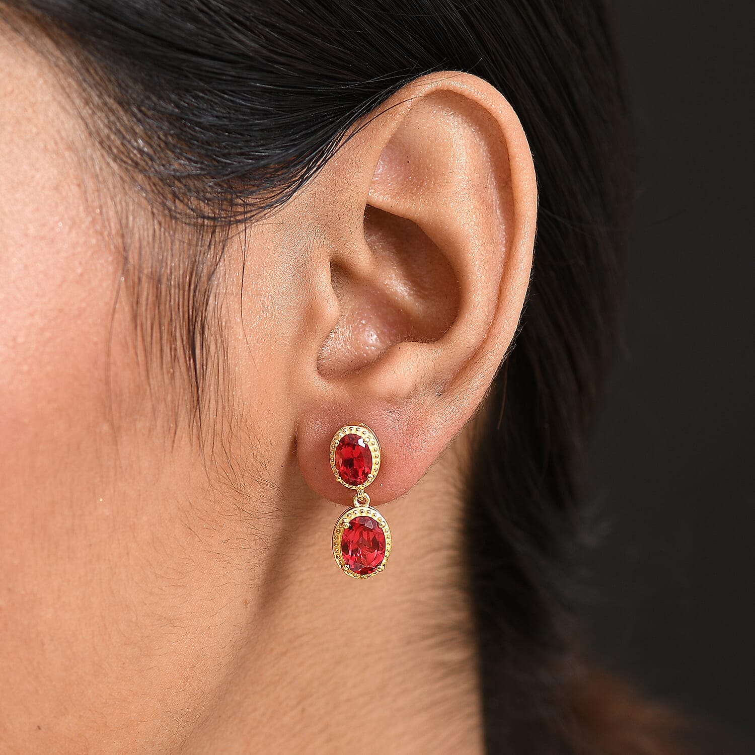 D'Joy Lab Grown Padparadscha Sapphire Dangling Earring in 18K Yellow Gold Plating Sterling Silver 5.54 Ct.