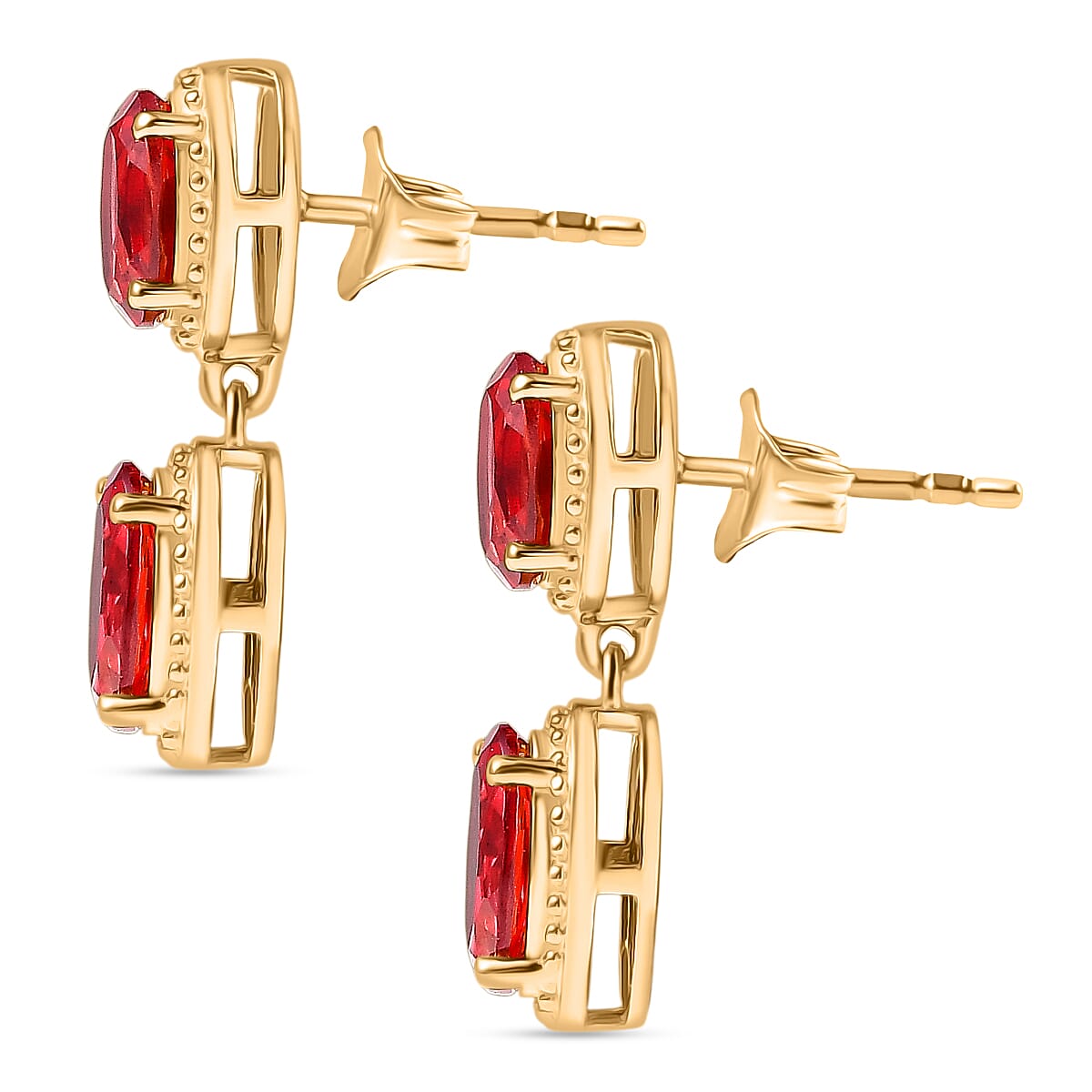 D'Joy Lab Grown Padparadscha Sapphire Dangling Earring in 18K Yellow Gold Plating Sterling Silver 5.54 Ct.