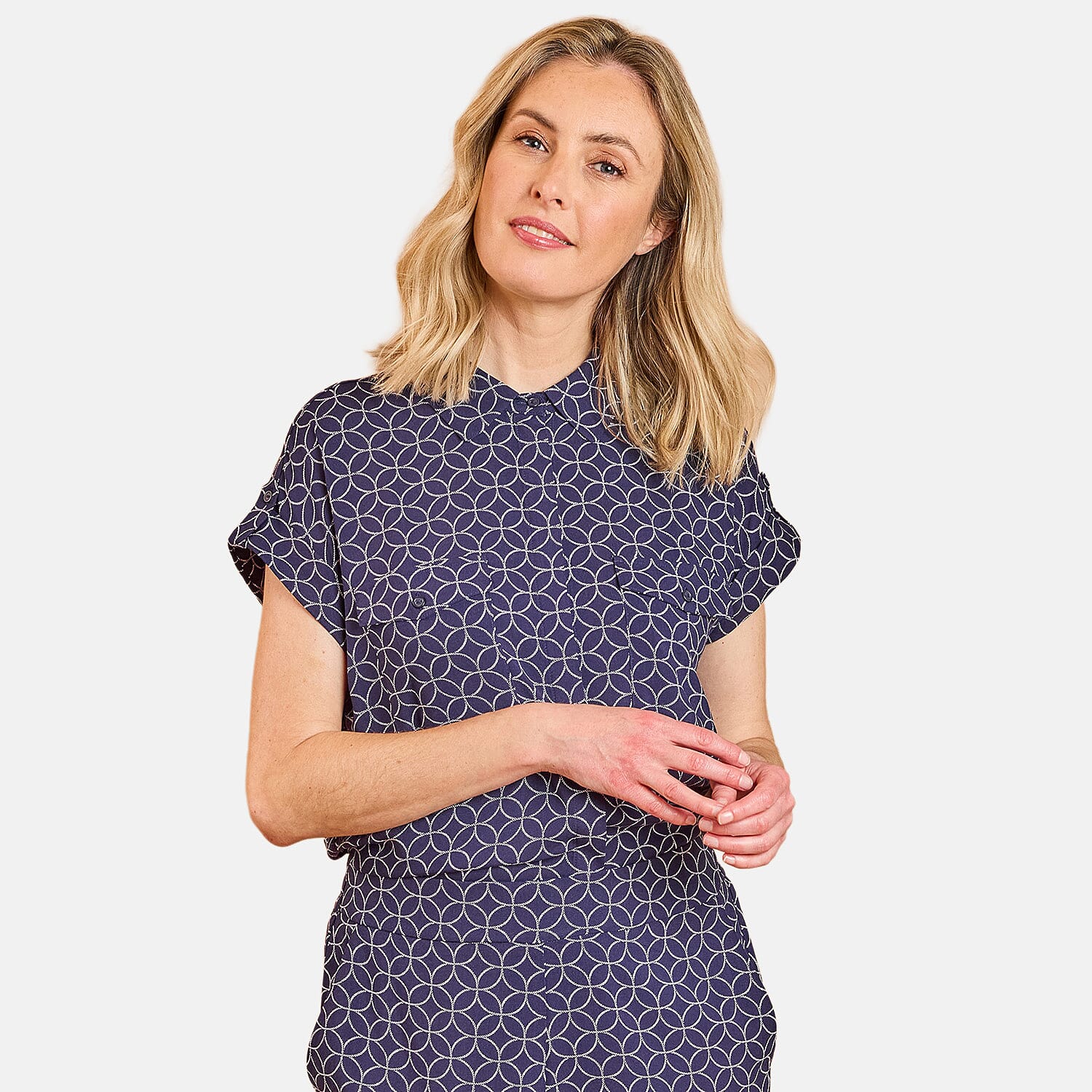 Spun viscose printed short sleeve collared blouse