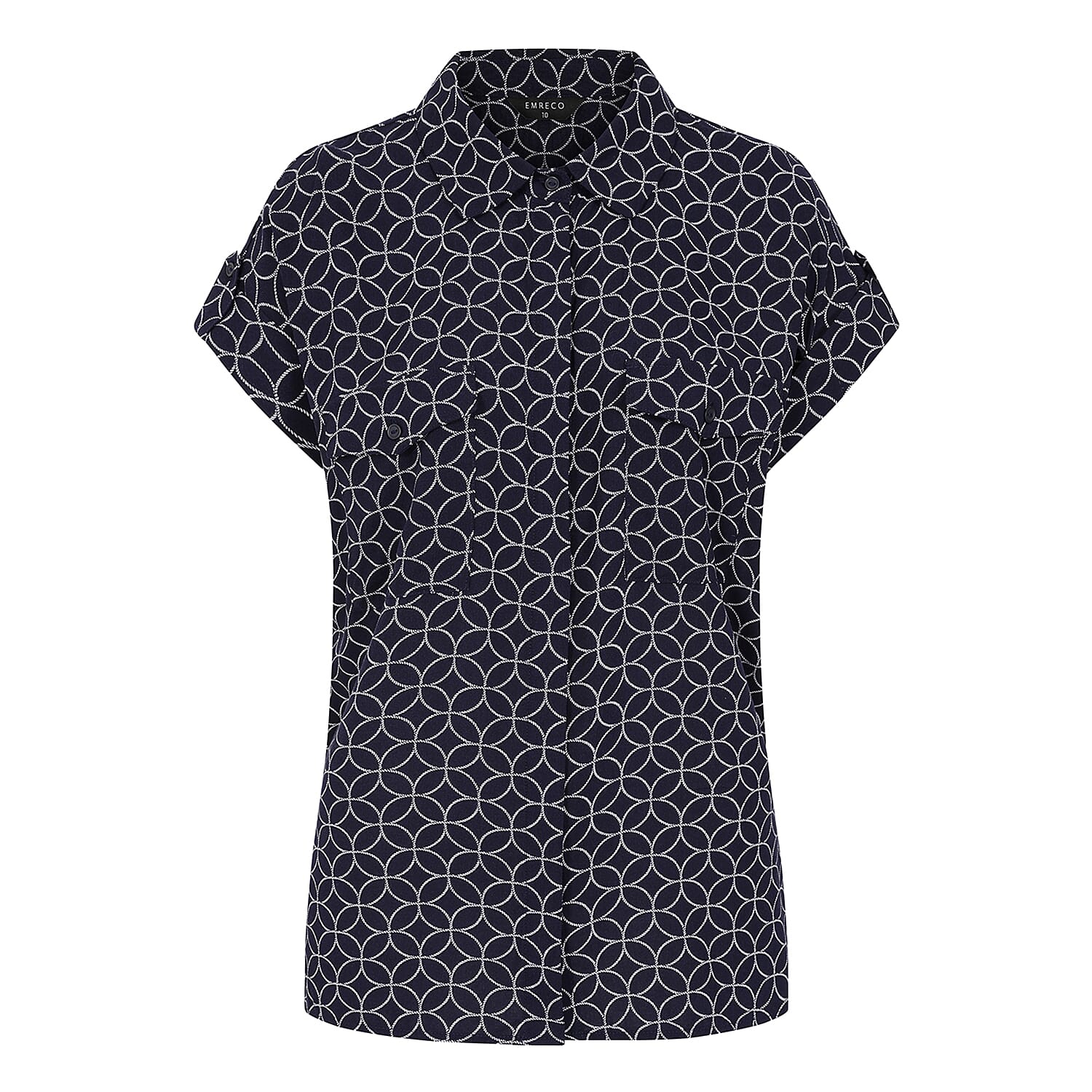 Spun viscose printed short sleeve collared blouse