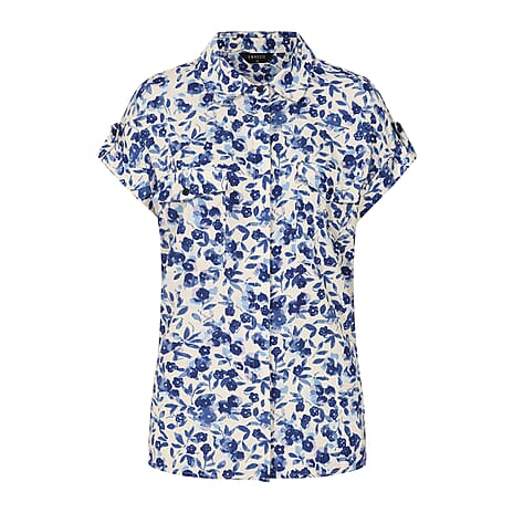 Emreco Spun Viscose Floral Printed Short Sleeve Collared Blouse (Size 12) - Blue & Ivory