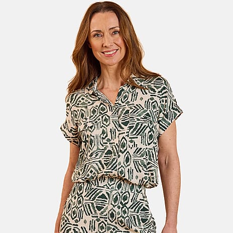 Emreco Spun Viscose Aztec Printed Short Sleeve Collared Blouse (Size 10) - Khakhi & Ivory