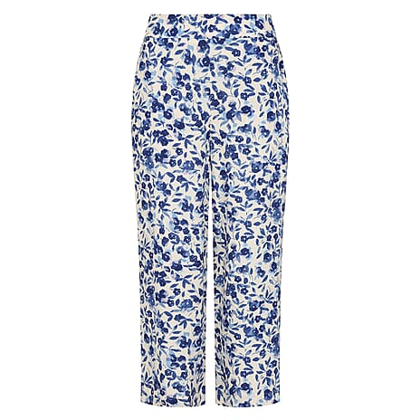 Emreco Spun Viscose Elastic Waist Floral Crop Trousers (Size 12) - Blue & Ivory