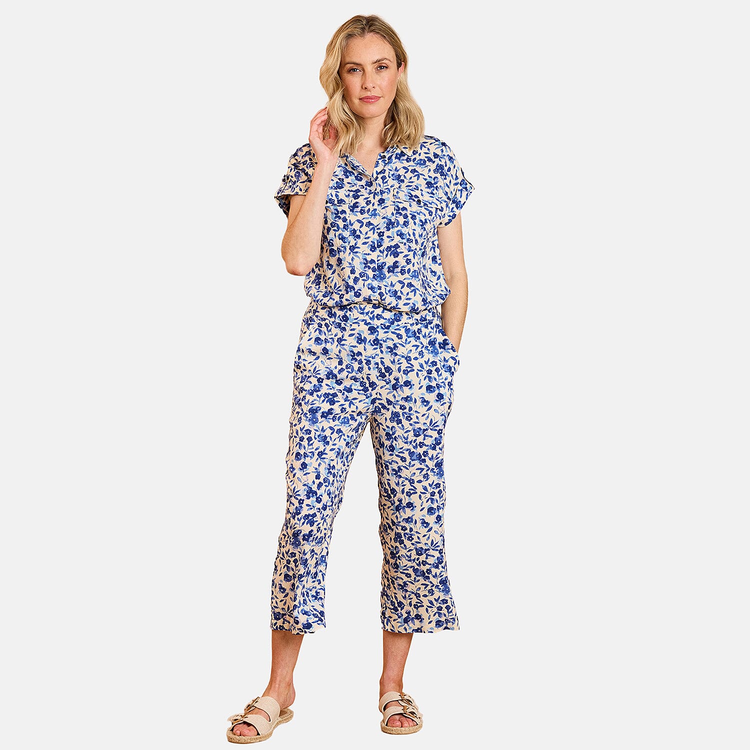 Emreco Spun Viscose Elastic Waist Floral Crop Trousers