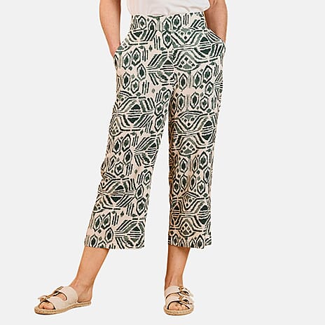 Emreco Spun Viscose Elastic Waist Aztec Crop Trousers (Size 14) - Khaki & Ivory