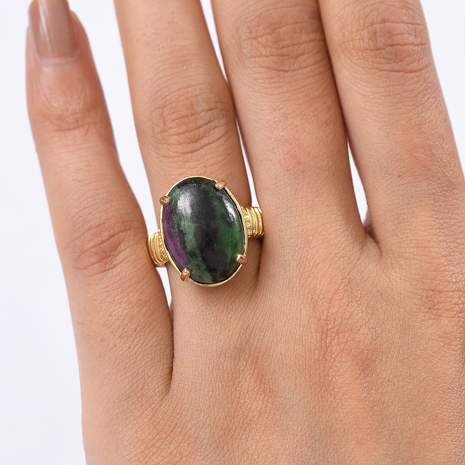 EverTrue Natural Ruby Zoisite Solitaire Ring in Yellow Gold Plated 18.61 Ct.