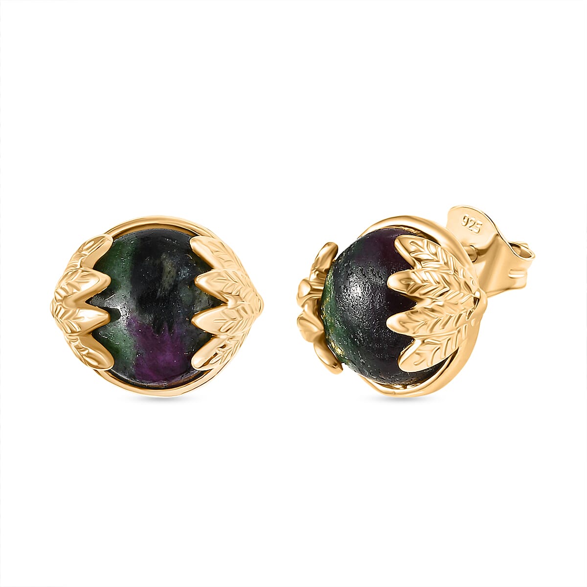 EverTrue Natural Ruby Zoisite Solitaire Stud Push Post Earring in Yellow Gold Plated 9.38 Ct.