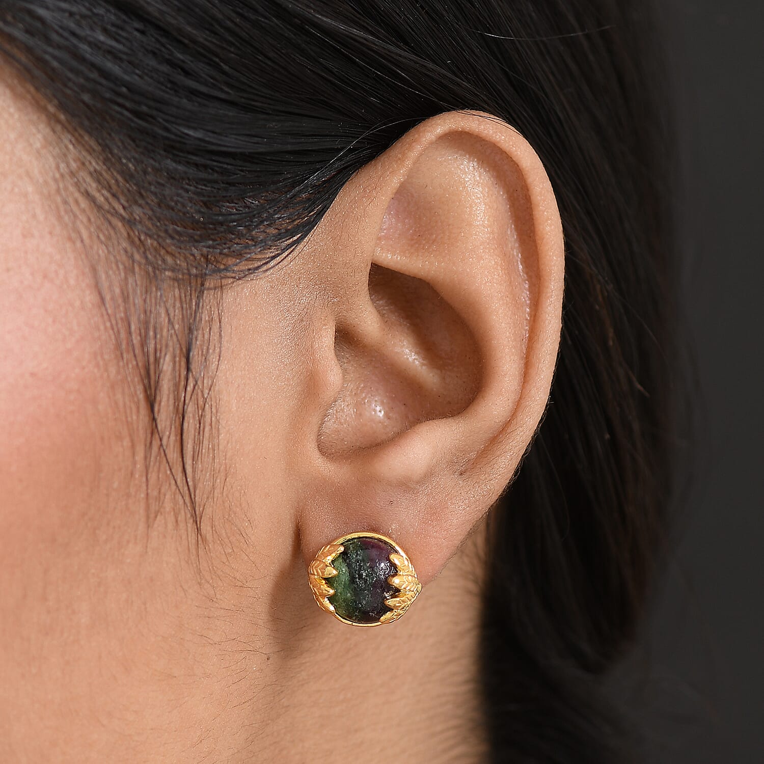 EverTrue Natural Ruby Zoisite Solitaire Stud Push Post Earring in Yellow Gold Plated 9.38 Ct.