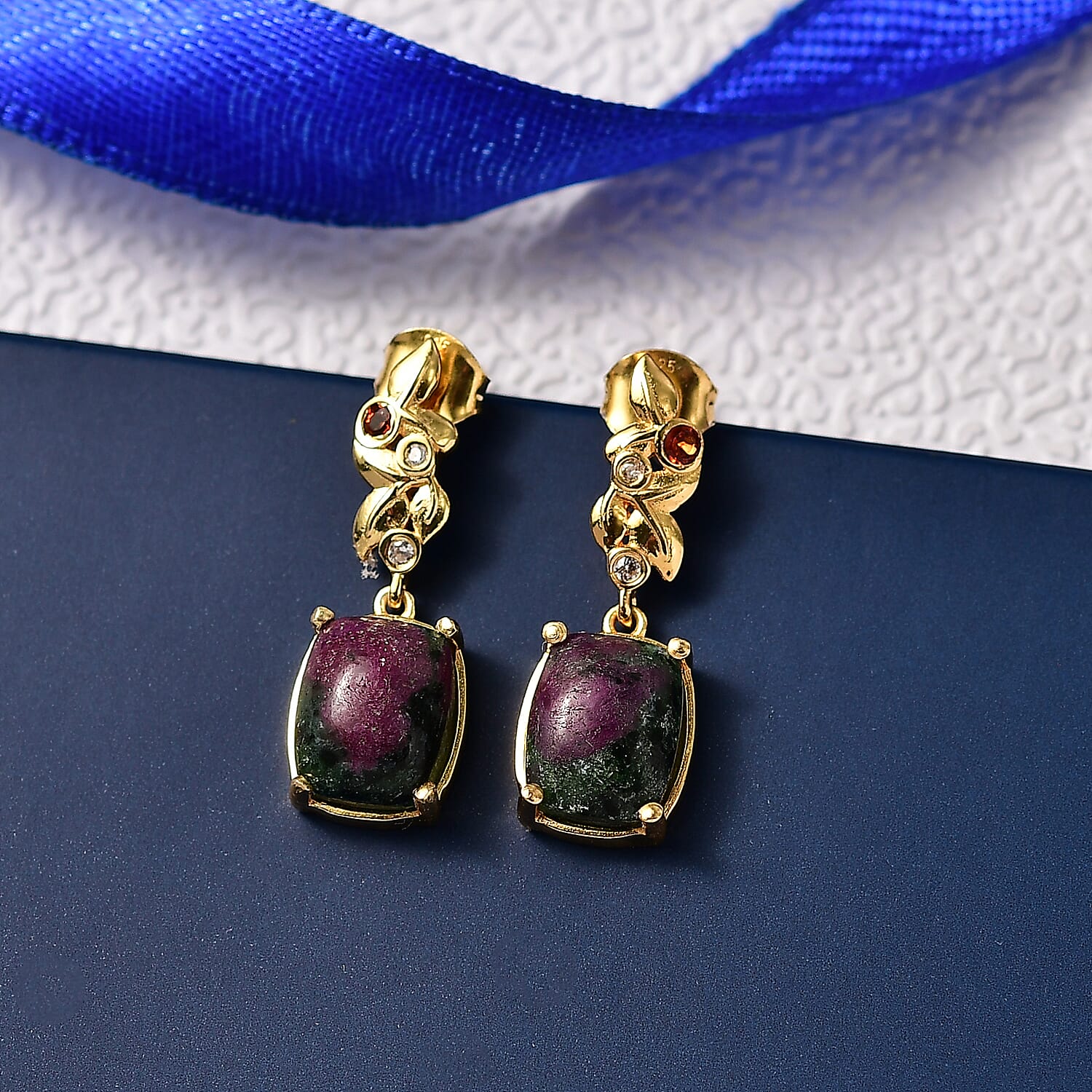 EverTrue Natural Ruby Zoisite, Red Garnet & White Zircon Solitaire Stud Push Post Earring in Yellow Gold Plated 9.77 Ct.