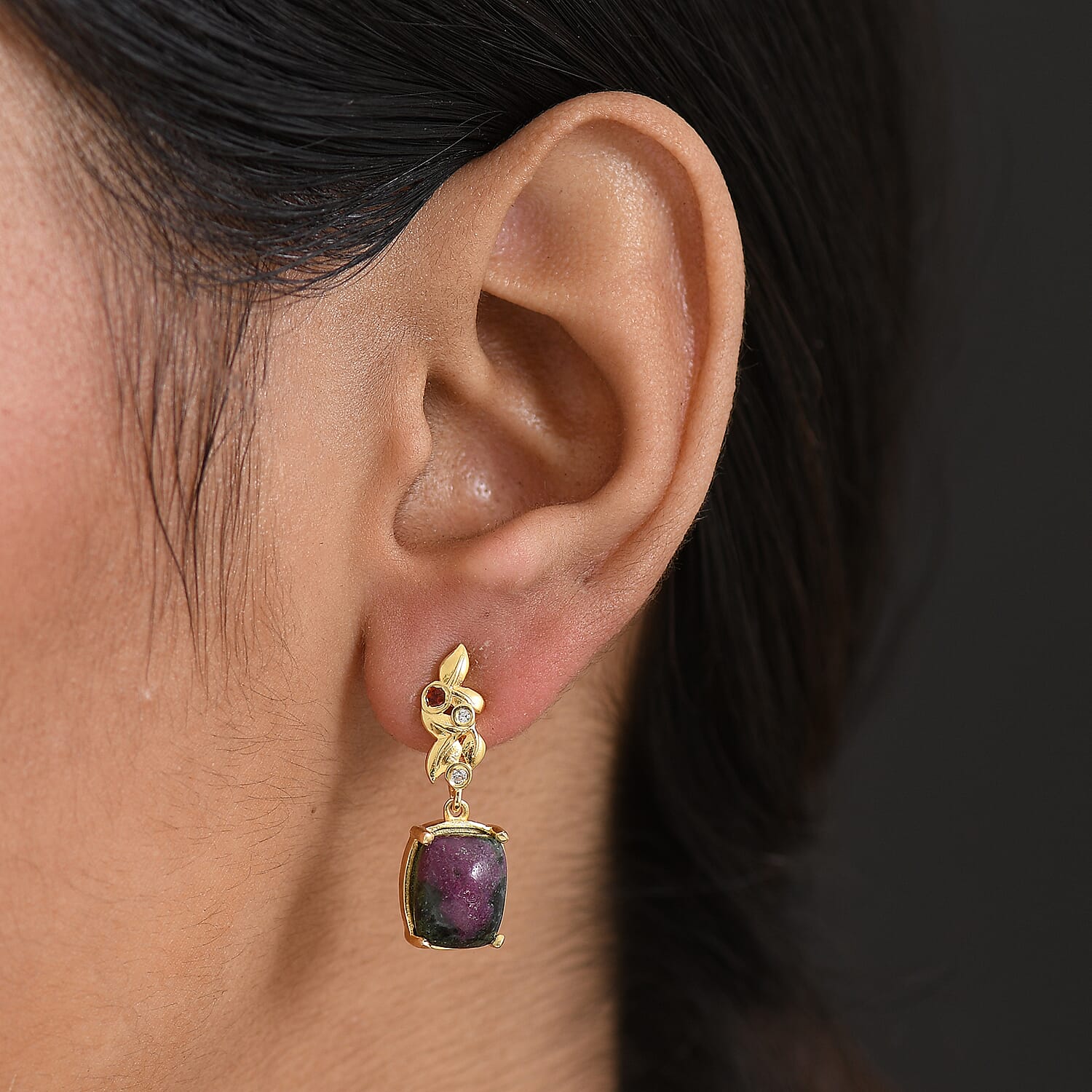 EverTrue Natural Ruby Zoisite, Red Garnet & White Zircon Solitaire Stud Push Post Earring in Yellow Gold Plated 9.77 Ct.