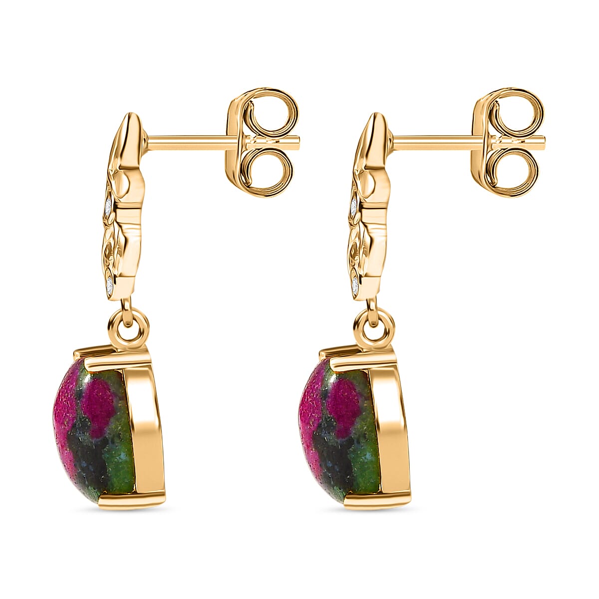 EverTrue Natural Ruby Zoisite, Red Garnet & White Zircon Solitaire Stud Push Post Earring in Yellow Gold Plated 9.77 Ct.