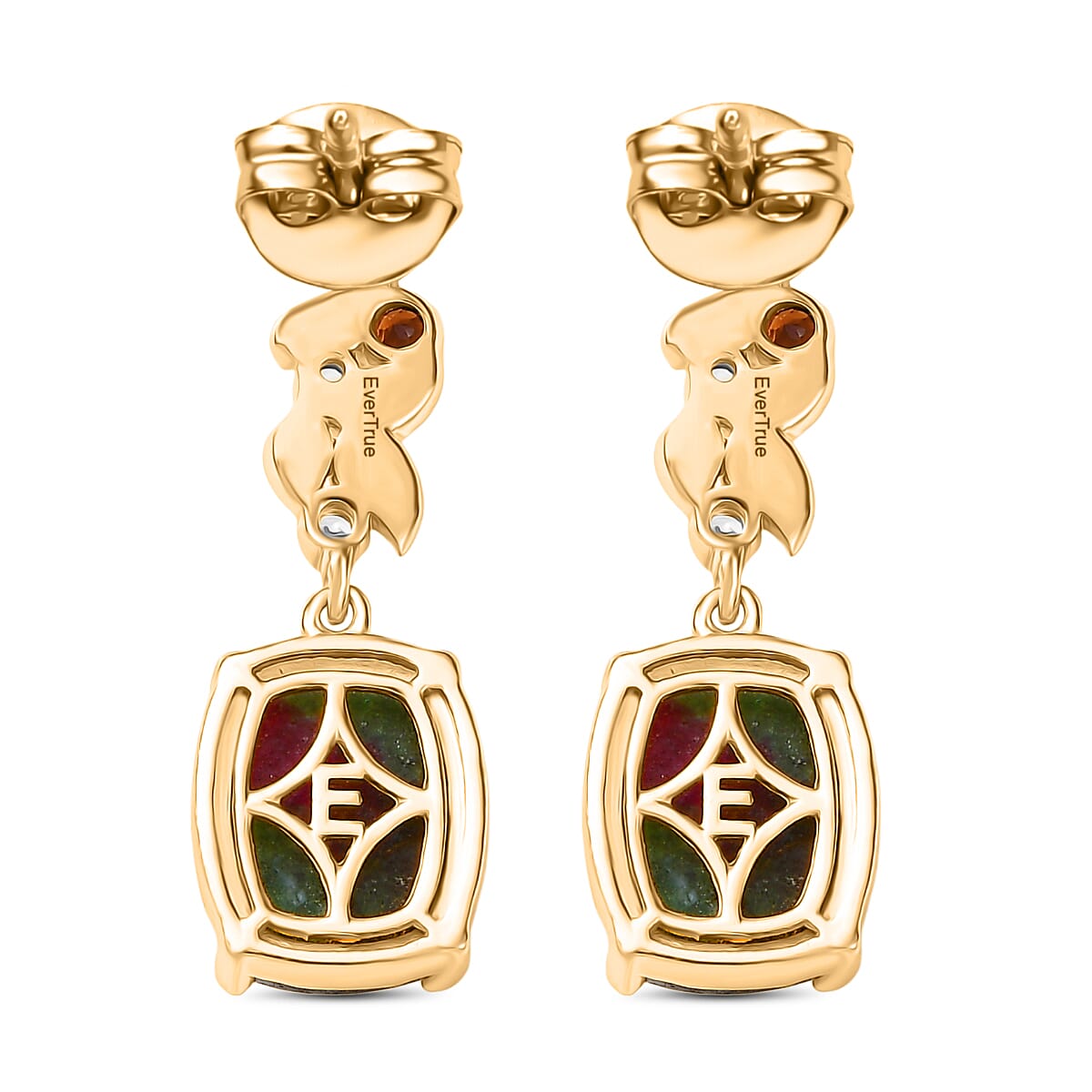 EverTrue Natural Ruby Zoisite, Red Garnet & White Zircon Solitaire Stud Push Post Earring in Yellow Gold Plated 9.77 Ct.