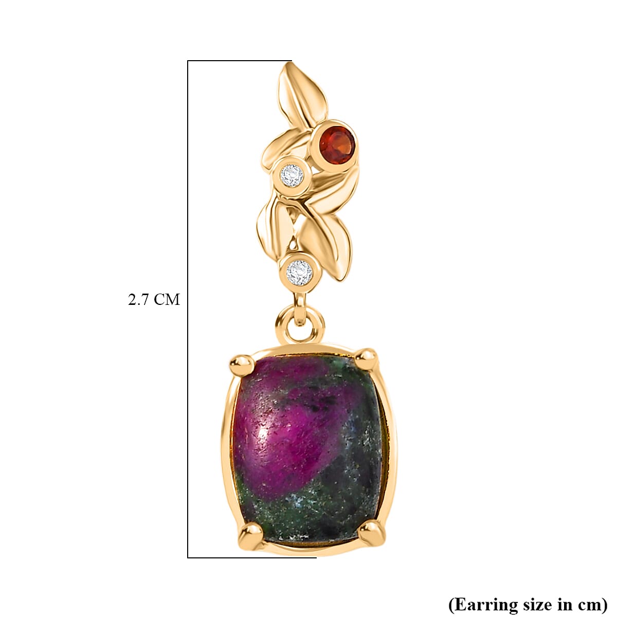 EverTrue Natural Ruby Zoisite, Red Garnet & White Zircon Solitaire Stud Push Post Earring in Yellow Gold Plated 9.77 Ct.