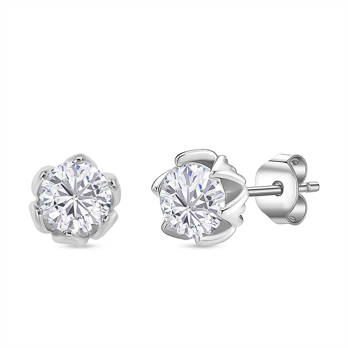 D'Joy Moissanite Solitaire Stud Push Post Earring in Rhodium Overlay Sterling Silver 1.54 Ct.
