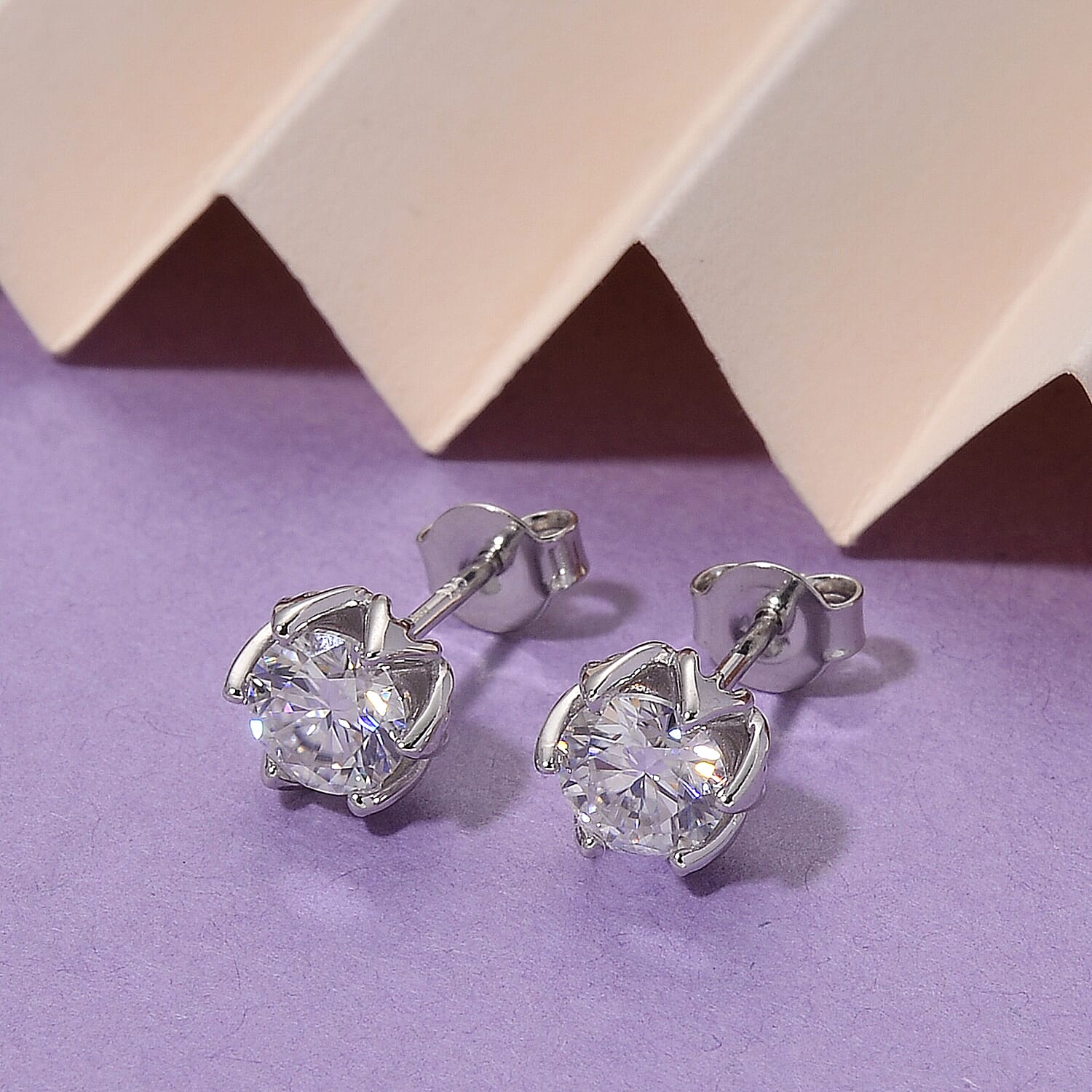 D'Joy Moissanite Solitaire Stud Push Post Earring in Rhodium Overlay Sterling Silver 1.54 Ct.