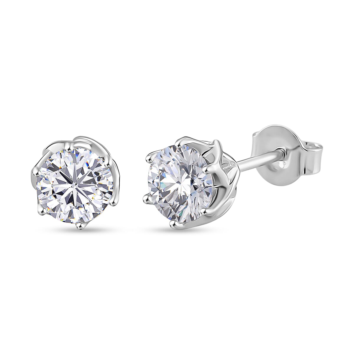 D'Joy Moissanite Solitaire Stud Push Post Earring in Rhodium Overlay Sterling Silver 1.54 Ct.