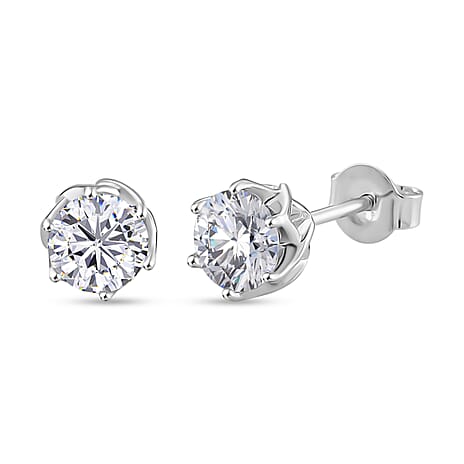 D'Joy Moissanite Solitaire Stud Push Post Earring in Rhodium Overlay Sterling Silver 1.54 Ct.