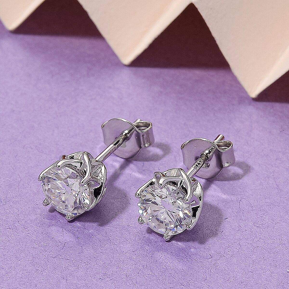 D'Joy Moissanite Solitaire Stud Push Post Earring in Rhodium Overlay Sterling Silver 1.54 Ct.