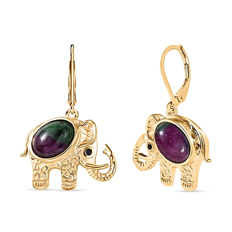 EverTrue Natural Ruby Zoisite & Black Spinel Lever Back Elephant Earring in Yellow Gold Plated 6.43 Ct.