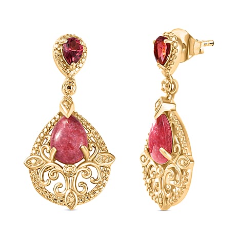 EverTrue Natural Thulite & Orissa Rose Garnet Earring with Push Back in Yellow Gold Plated 5.83 Ct.